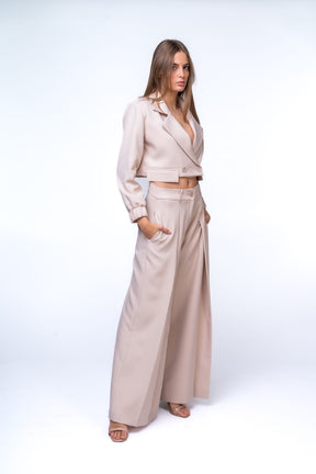 Full Length Pleated Trouser Suit and Short Cut Out Jacket with Pockets