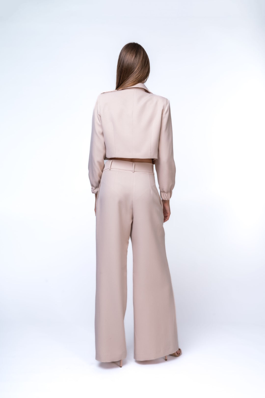 Full Length Pleated Trouser Suit and Short Cut Out Jacket with Pockets