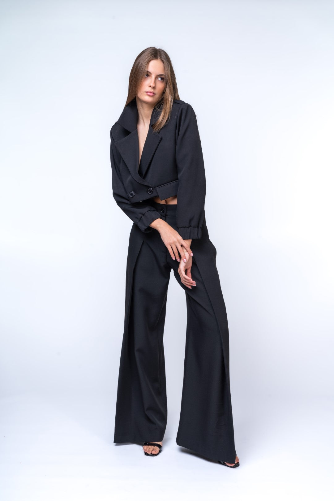 Full Length Pleated Trouser Suit and Short Cut Out Jacket with Pockets