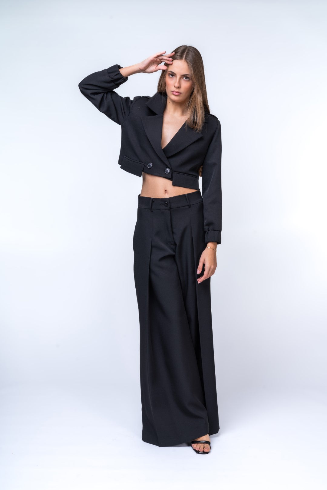 Full Length Pleated Trouser Suit and Short Cut Out Jacket with Pockets