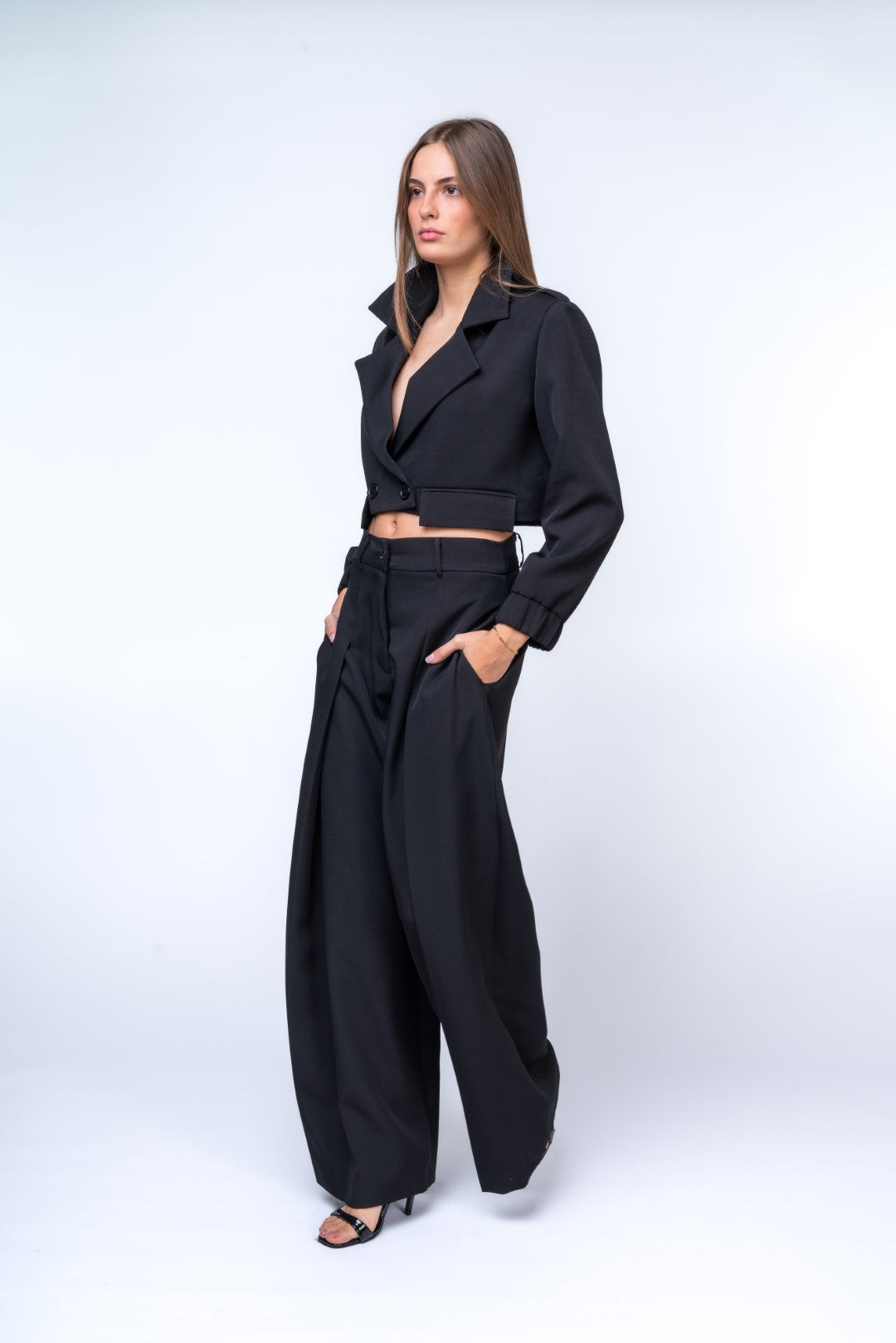 Full Length Pleated Trouser Suit and Short Cut Out Jacket with Pockets