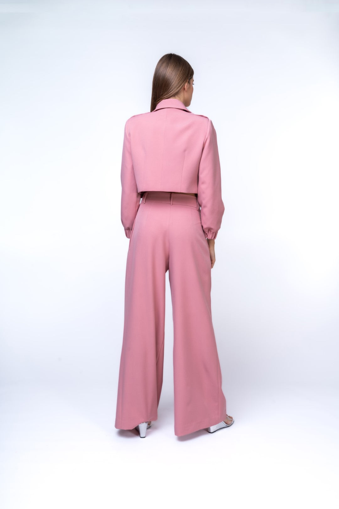Full Length Pleated Trouser Suit and Short Cut Out Jacket with Pockets