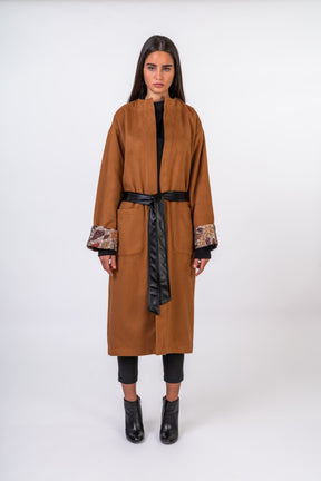 Leather Belted Wool Coat with Sleeve Details