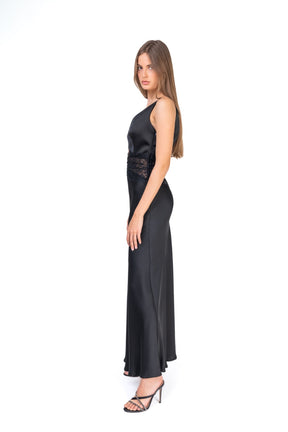 Satin Maxi Dress With Lace Trimming And Open Back