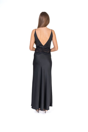 Satin Maxi Dress With Lace Trimming And Open Back