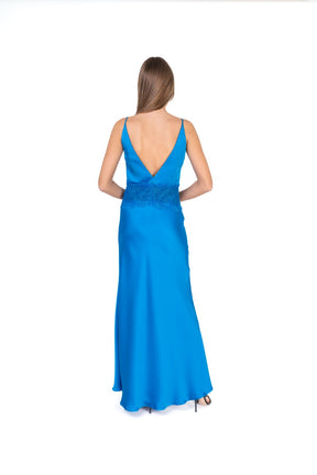 Satin Maxi Dress With Lace Trimming And Open Back