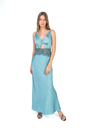 Satin Maxi Dress With Lace Trimming And Open Back