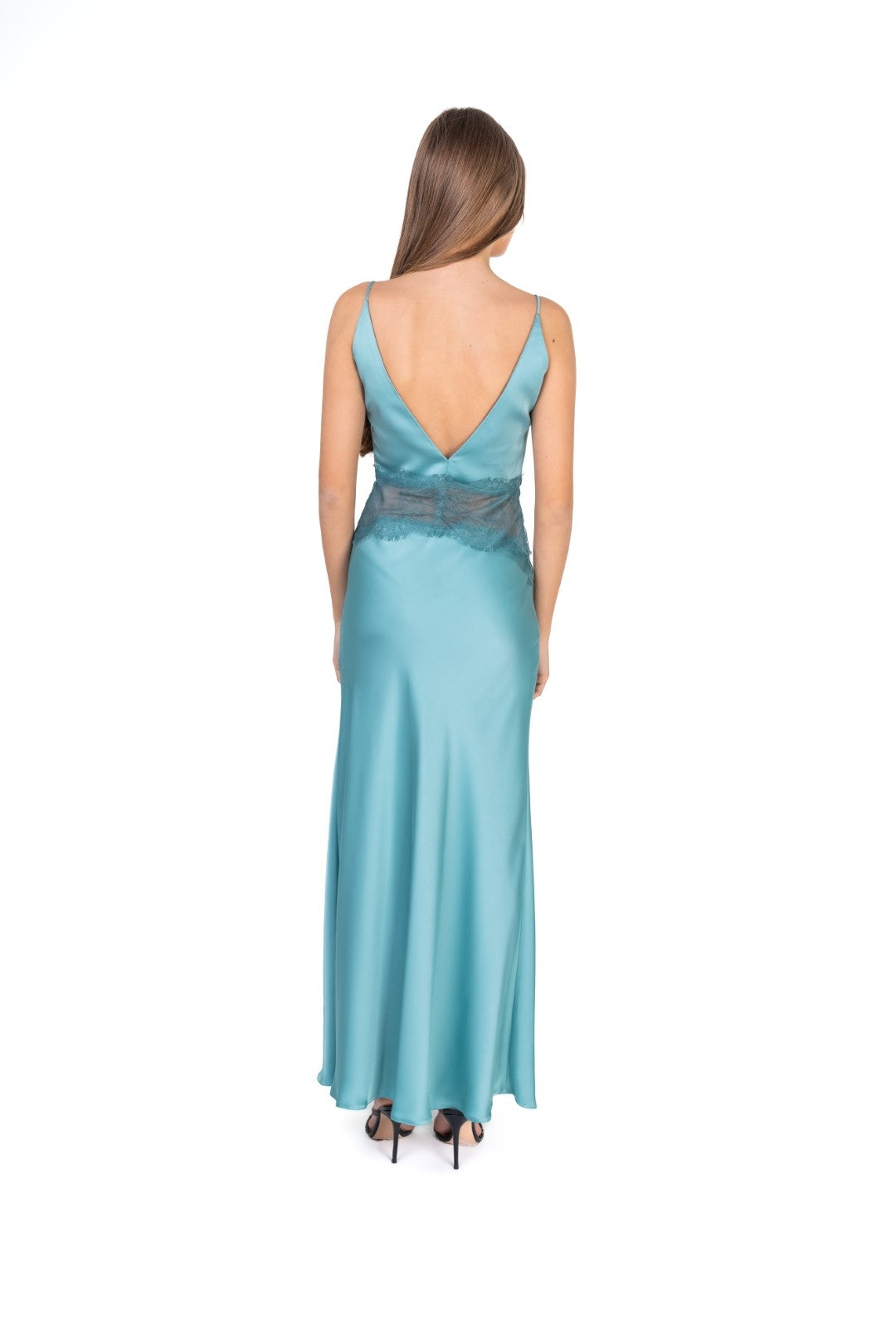 Satin Maxi Dress With Lace Trimming And Open Back