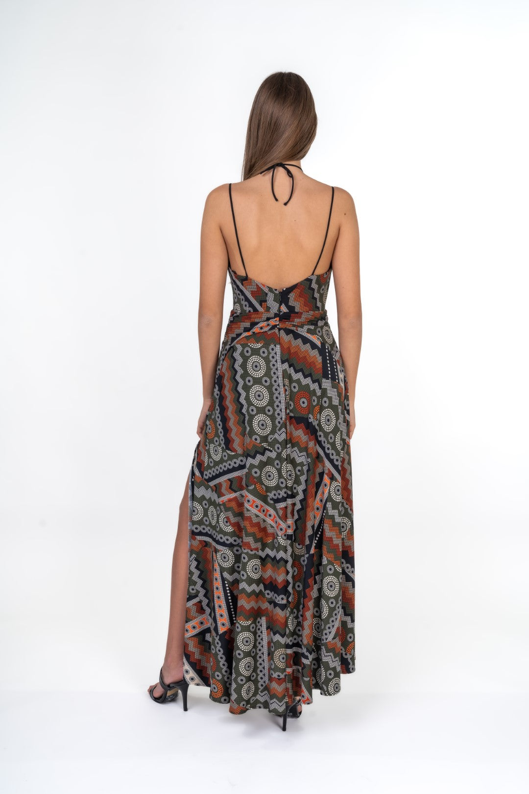 Tribal Low Cut Maxi Dress With Side Slits And Beaded Neckline