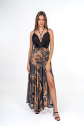 Tribal Low Cut Maxi Dress With Side Slits And Beaded Neckline