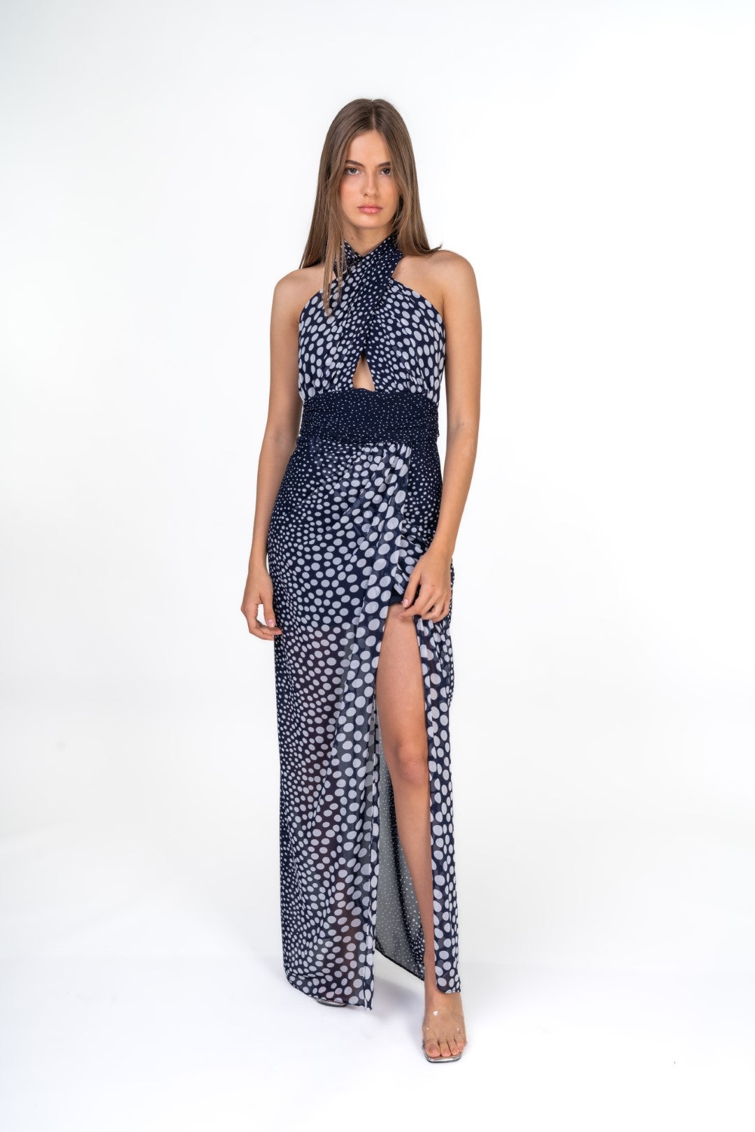 Blue Halter Dotted Maxi Dress With Frontal Slit