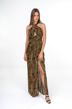 Black And Gold Halter Tribal Maxi Dress With Frontal Slit
