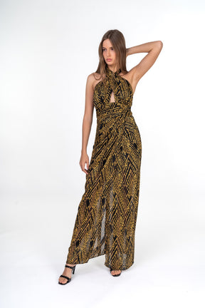 Black And Gold Halter Tribal Maxi Dress With Frontal Slit