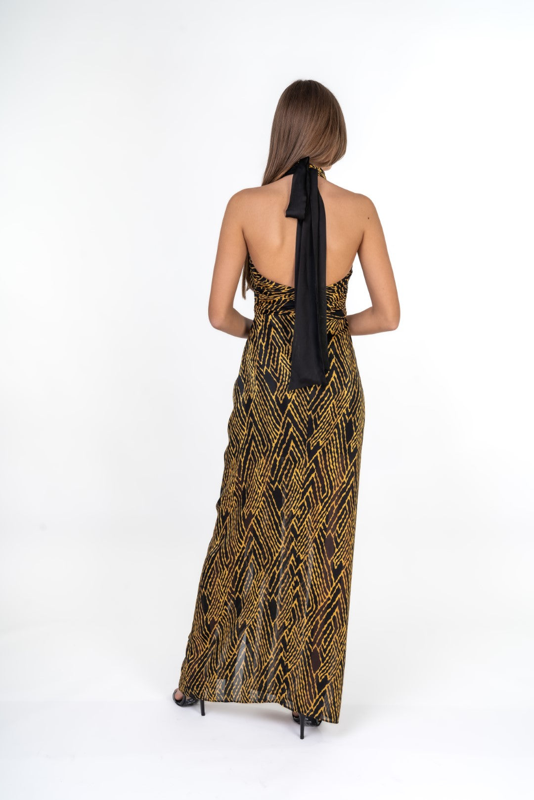 Black And Gold Halter Tribal Maxi Dress With Frontal Slit